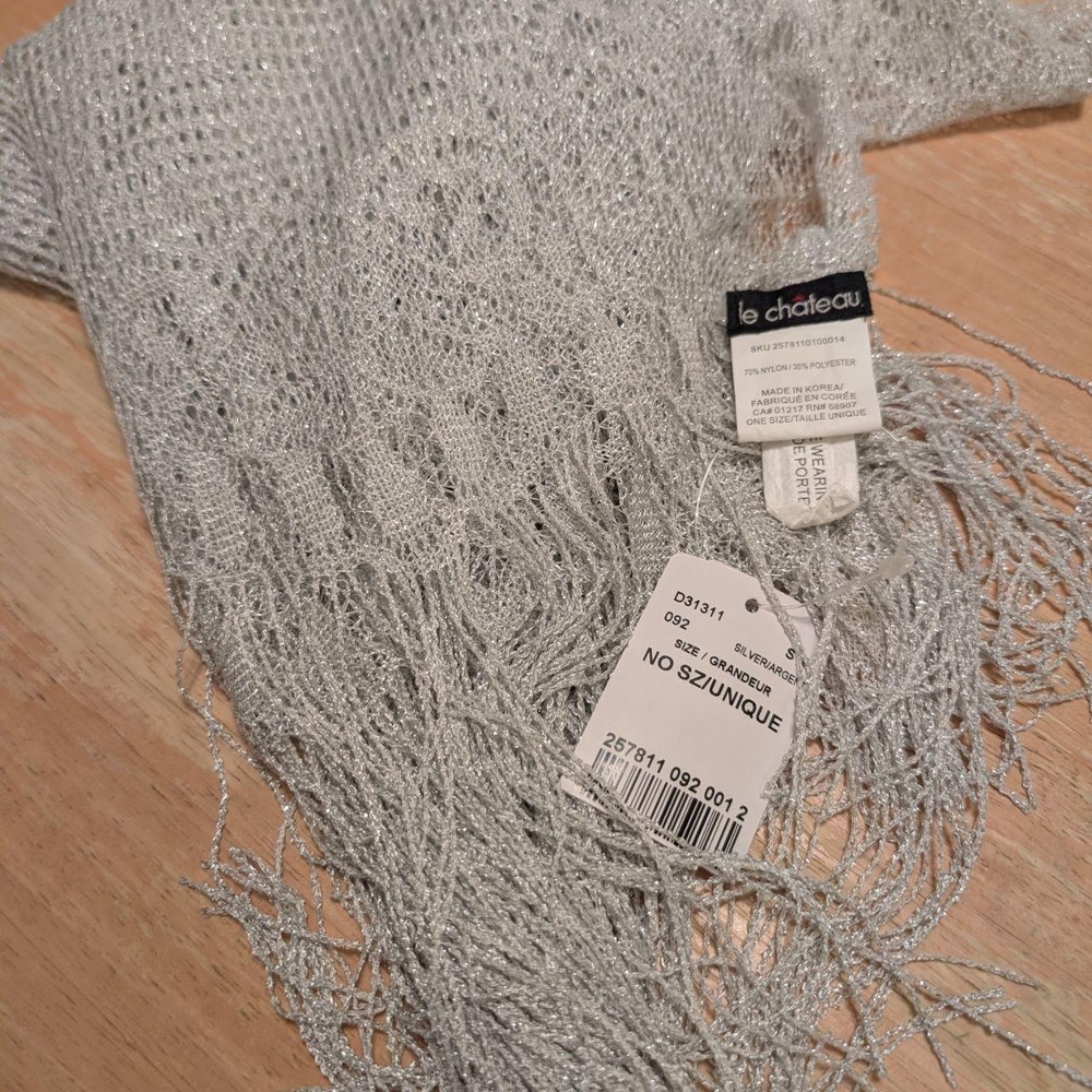 Le Chateau Silver Sparkle Fringe Net Style Scarf Shawl 6ft